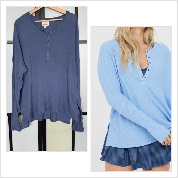 aerie Tops - Offline by Aerie Waffle Henley T-Shirt in Blue Size XL oversized Athleisure Top